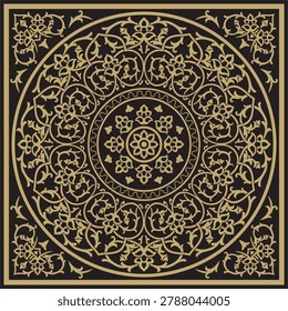 Vector Uzbek gold and black square ornament. Turkic rectangle, frame. Cultural heritage of Central Asia
