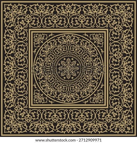 Vector Uzbek gold and black square ornament. Turkic rectangle, frame. Cultural heritage of Central Asia
