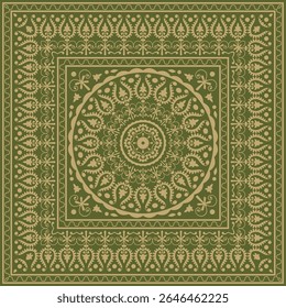 Vector Uzbek gold and green square ornament. Turkic rectangle, frame. Cultural heritage of Central Asia
