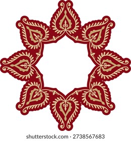 Vector uzbek gold with red round ornament. Turkic circle, ring. Cultural heritage of Central Asia
