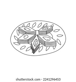 Vector Uzbek traditional dessert illustration. Hand drawn baklava sketch
