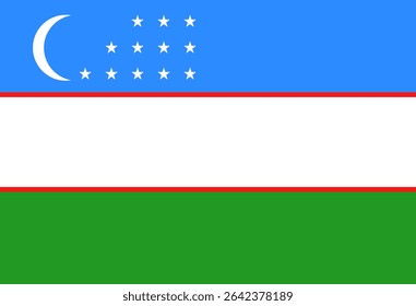 Vector Uzbekistan flag with blue, white, and green stripes separated by red lines divided by red stripes, with a white crescent and twelve stars.