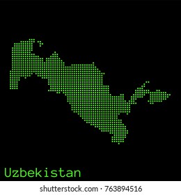 Vector Uzbekistan map dotted silhouette with green dots on a black background (as on old ancient computers running DOS)