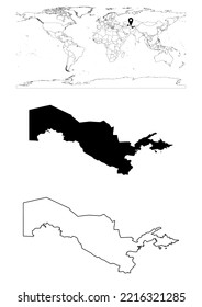 Vector Uzbekistan map, map of Uzbekistan showing country location on world with solid and outline maps for Uzbekistan on white background. File is suitable for digital editing and prints of all sizes.