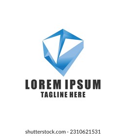 Vector v blue letter origami logo, 3d icon for company. Use for identity.
