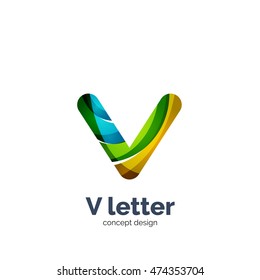 Vector V letter logo, modern abstract geometric elegant design, shiny light effect. Created with flowing waves