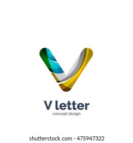 Vector V letter logo, modern abstract geometric elegant design, shiny light effect. Created with flowing waves