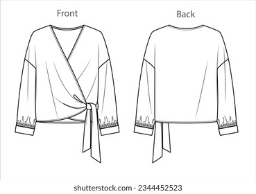 Vector V blusa de cuello con detalles de smock CAD, mujer envolver el dibujo técnico de la camiseta de manga larga, boceto, plantilla, plano, burla. Camisas de tela Jersey o tejida con vista frontal, trasera, color blanco