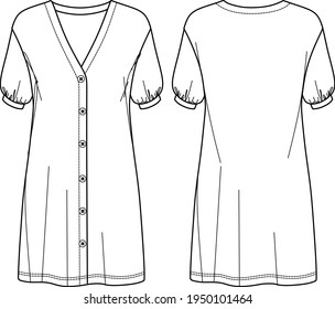 Vector v neck mini dress fashion CAD, woman short balloon sleeved dress with buttons detail technical drawing, template, flat. Jersey or woven fabric dress with front, back view, white color