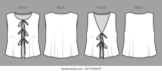 Vector v neck sleeveless top fashion CAD, woman crop round neck blouse technical drawing, template, mock up, sketch. 2 pieces knit vest with ties technical flat front, back view, white color