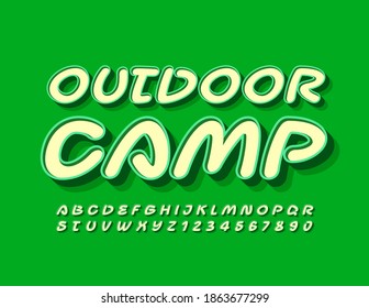 Vector vacation emblem Outdoor Camp. Creative Green Font. Retro style Alphabet Letters and Numbers