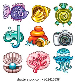 Vector vacation icon set. Tropical fish, seashell and jellyfish, cute turtle, diving mask, coral reef elements, shooting camera, open pearl shell. Beach holiday party, travel and summer, sea and sun
