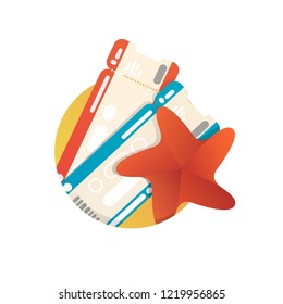 Vector vacation icon with two tickets and starfish isolated illustration. Rest at the resort logo on white background