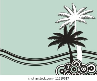 Vector vacation illustration with palm trees, waves and bubbles