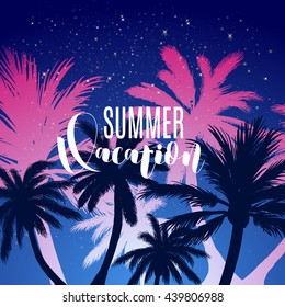 Vector vacation poster background.  Hand lettering vacation typography poster with palm and island. Handwritten summer lettering. Summer flyer.