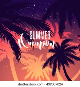 Vector vacation poster background. Hand lettering vacation typography poster with palm and island. Summer flyer.