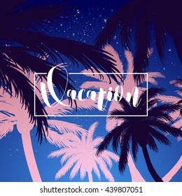 Vector vacation poster background. Hand lettering vacation typography poster with palm and island. Handwritten summer lettering. Summer flyer.