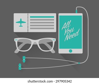 Vector vacation set of mobile phone with headphones, sunglasses, and airplane ticket in hipster style 