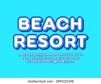 Vektor Ferien Zeichen Beach Resort. Blaue und weiße Alphabet Buchstaben und Zahlen. Moderne trendige Schriftart