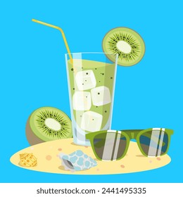 vector, vacation, summer, illustration, EPS10 cups of kiwi drink on the beach