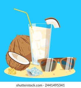 vector, vacation, summer, illustration, EPS10 glass of coconut drink on the beach