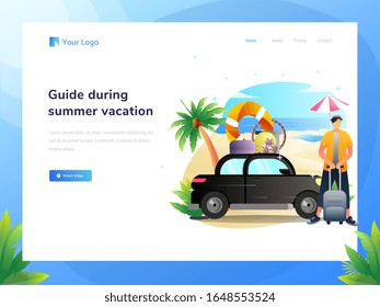 Vector vacation website vector template, web page design and landing pages for website and mobile site development. a tourist on a beach by car. summer vector illustration