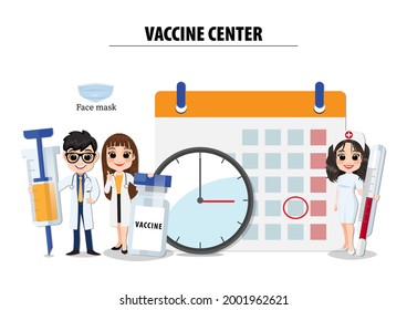 Vector del concepto de vacunación con íconos médicos planos. Médico, enfermera, vacuna, virus, jeringa, sanitizador, inyección sobre fondo blanco