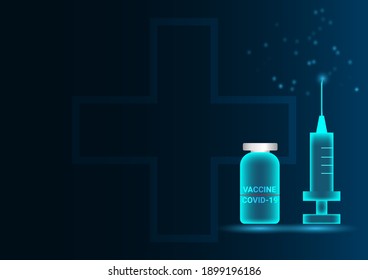 Vector vaccine antivirus covid-19 and syringe treatment concept science light blue technology background.Cure viral and bacterial diseases.