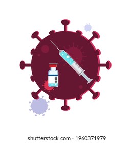 Vector of vaccine bottle and syringe has virus background.