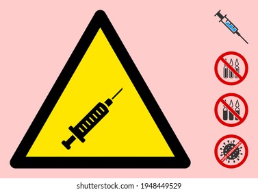 Signo de advertencia plana de la vacuna del vector. El icono Triángulo utiliza colores negro y amarillo. El estilo de símbolo es un signo de atención de la vacuna plana en un fondo rosado. Iconos diseñados para señales de aviso, señales de carretera,