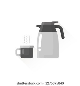 vector vacuum pitcher, thermos bottle, stainless tea kettle, insulation pot and drinking cup / modern design / isolated, sign and icon template