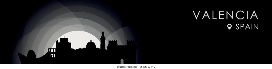 Vector Valencia, Spain cityscape banner. Black and white placard profile picture for header, footer