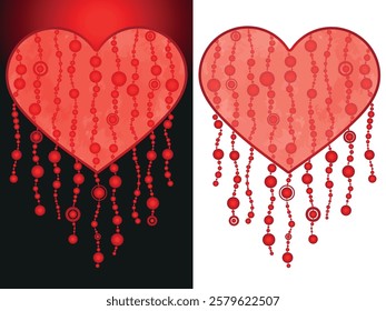 Vector valentinas two frames with big red watercolor decorative heart with gradient balloons pendants on transparent background and dark gradient background
