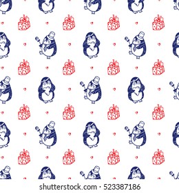 Vector Valentine background with doodle Cute Penguins. Valentine's day Seamless pattern