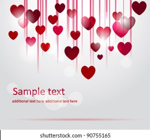 Vector valentine background with hanging hearts, light effects and copy space