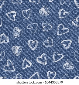 Vector Valentine background. Paint Hearts brush strokes. Jeans background with hearts. Denim seamless pattern. Blue jeans cloth.