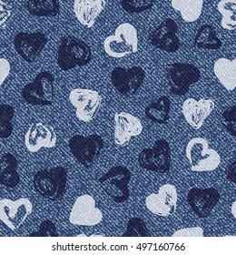 Vector Valentine background. Paint Hearts brush strokes. Jeans background with hearts. Denim seamless pattern. Blue jeans cloth.