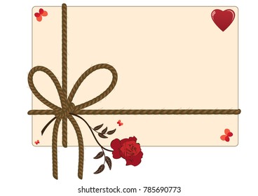 vector valentine background with rope, heart, butterflies and red rose