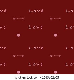 Fondo vectorial de la valentina. Simple Amor patrón sin fisuras con corazones, letras y doodles para telas, papel, textiles, envoltura de regalo aislados en fondo rojo