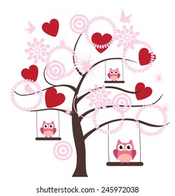 vector valentine background with a tree, swinging owls, hearts, birds