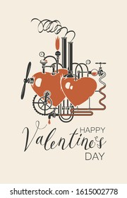 Vector Valentine card or banner with two hearts connected by different mechanisms and pipes. Romantic vector card with inscriptions and cupids. Love factory