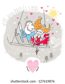 Vector Valentine Card of Cartoon Couple on swing