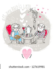 Vector Valentine Card with Cartoon Old Couple