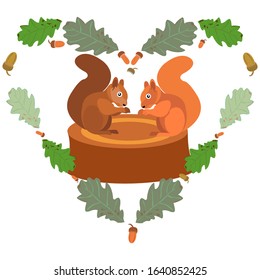 vector valentine card. Composition of squirrels, oak leaves and acorns