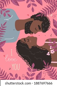 Vector valentine card with cute characters. Lovers black african american man and woman hug. Couple in a relationship in love.