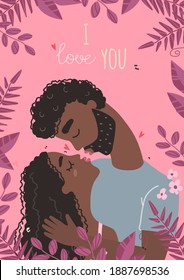 Vector valentine card with cute characters. Lovers black african american man and woman hug. Couple in a relationship in love.