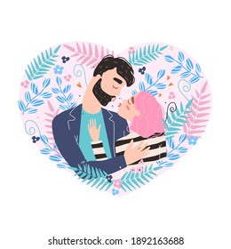 Vector valentine card with cute characters. Romantic couple in love kissing. World kissing Day. Vector illustration. Clipart of love.