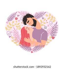 Vector valentine card with cute characters. Romantic couple in love kissing. World kissing Day. Vector illustration. Clipart of love.