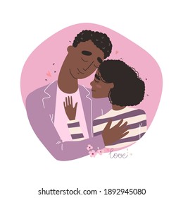 Tarjeta vectorial con personajes lindos. Los amantes de los afroamericanos negros abrazan y abraza a las mujeres. Pareja en una relación enamorada.