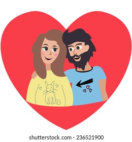 Vector valentine card with cute couple of young people and big heart